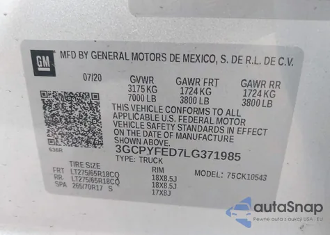 2020 Chevrolet Silverado 1500 4Wd Short Bed Lt Trail Boss from USA, damaged, VIN 3GCPYFED7LG371985